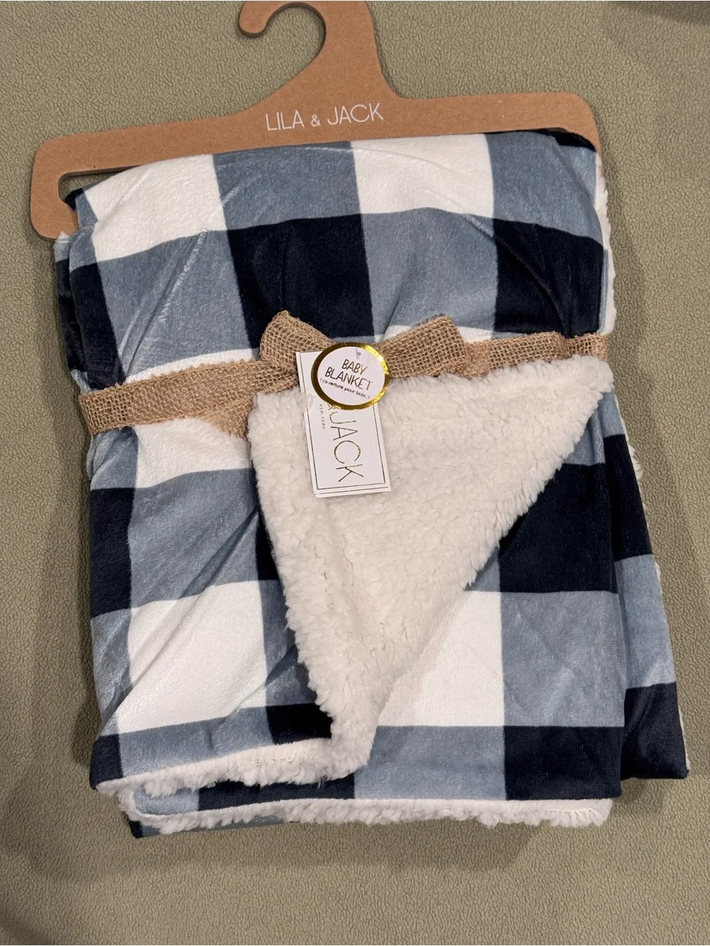 NWT Lila & Jack Buffalo Plaid Sherpa Baby Blanket Blue Grey White 30x40